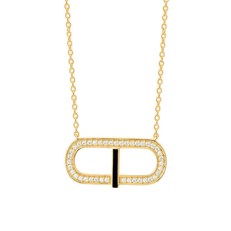 Diamond Geometric Necklace with Black Enamel