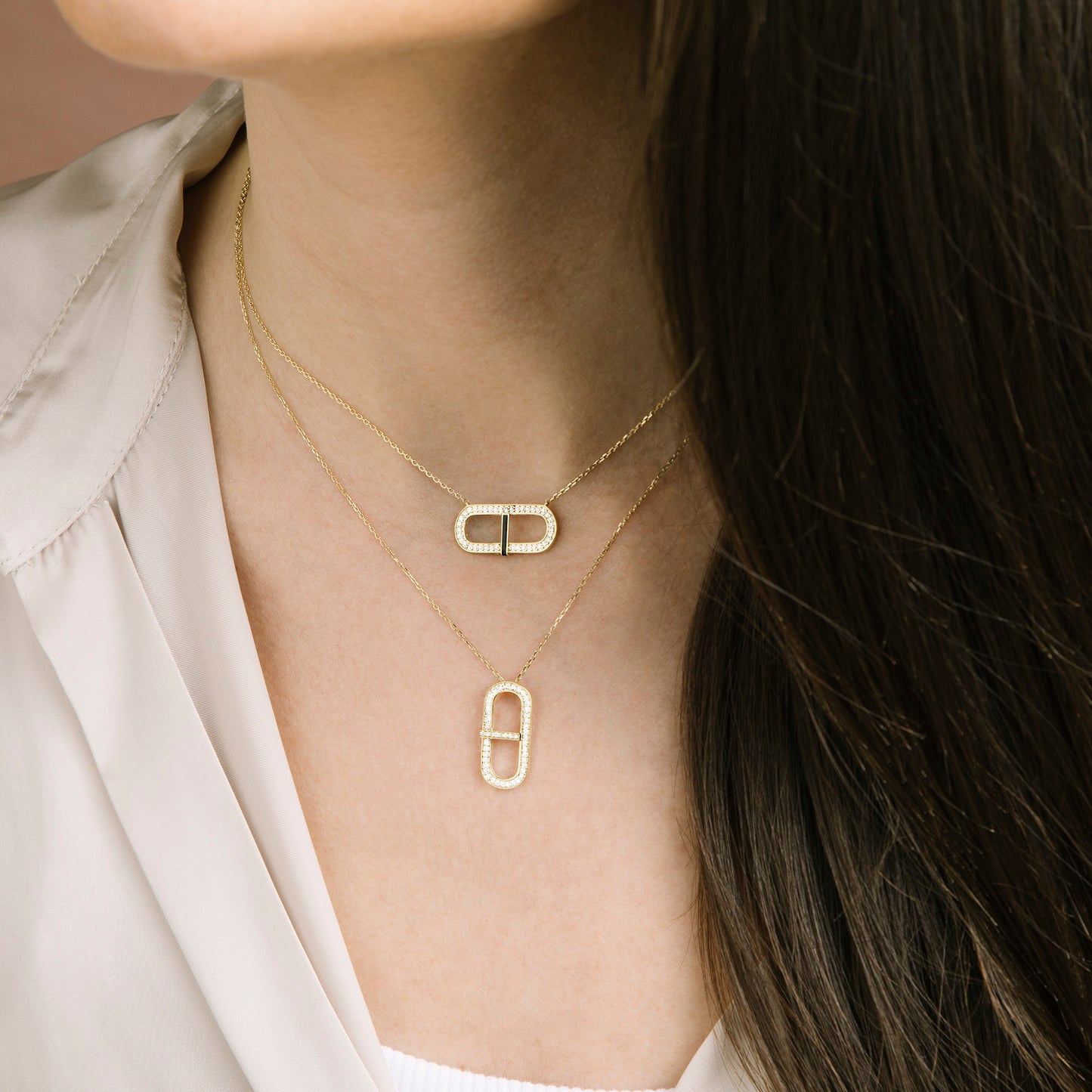 Diamond Geometric Necklace with Black Enamel