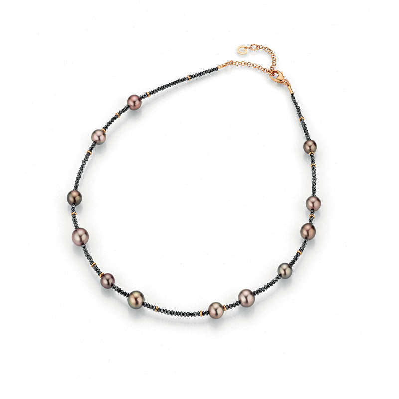 Gold Pearl Necklace with Black Diamond Beads