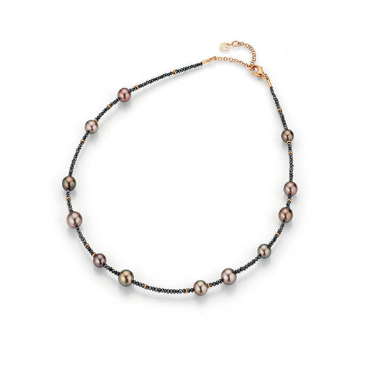 Gold Pearl Necklace with Black Diamond Beads
