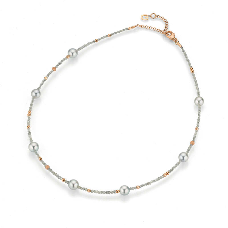Gold Necklace with Pearl and Diamond Beads