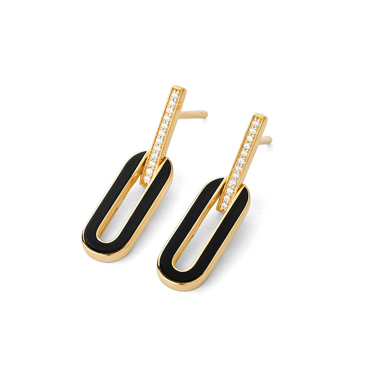 Geometric Diamond Earrings with Black Enamel