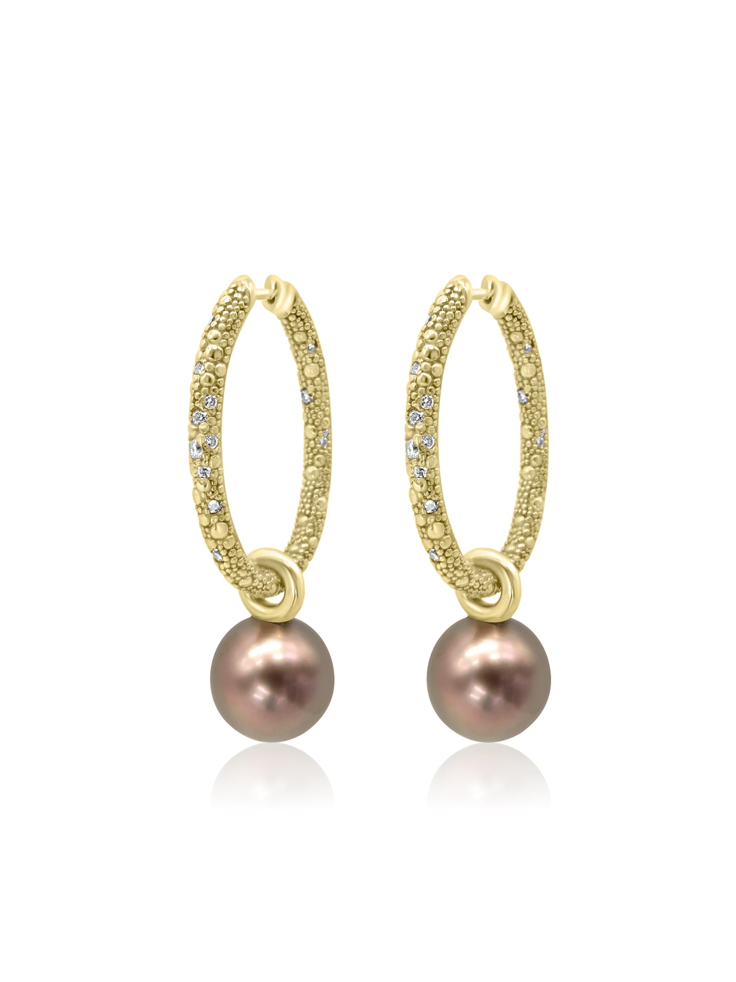 Rose Gold Diamond Hoop Earrings with Tahitian Pearls