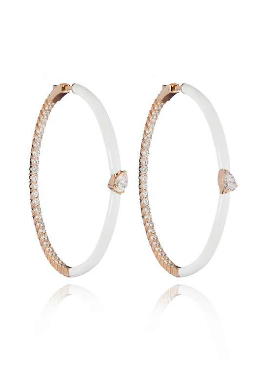 Diamond and White Enamel Hoop Earrings