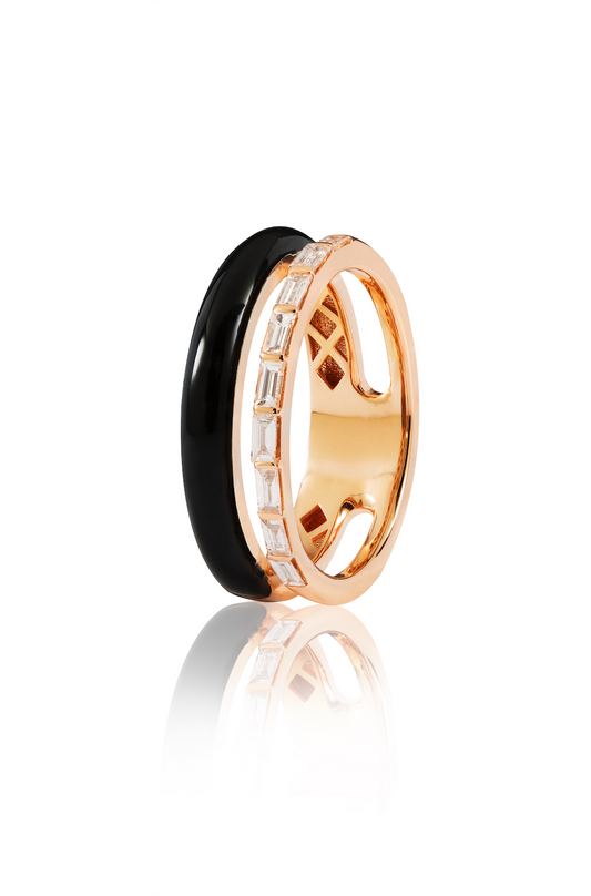 Baguette cut Diamond and Black Enamel Ring