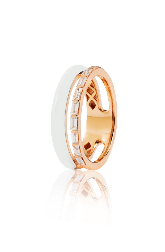 Baguette Cut Diamond and White Enamel Ring