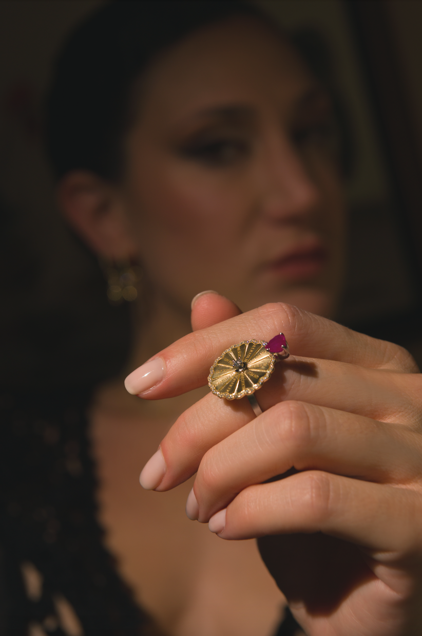 Spinning Marguerite Ring with Ruby Heart