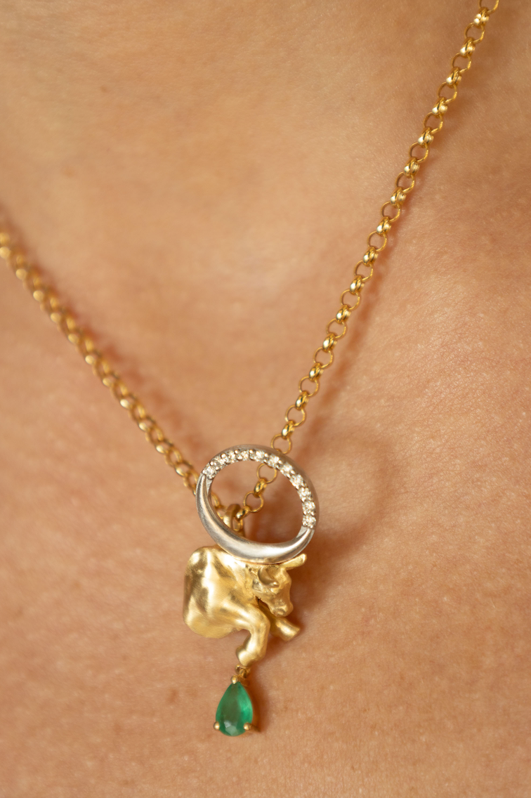Emerald and Diamond Taurus Pendant