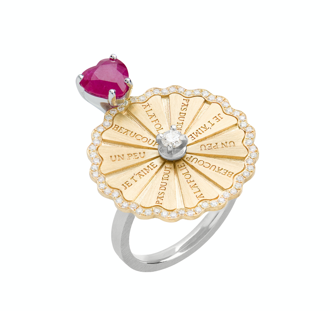 Spinning Marguerite Ring with Ruby Heart