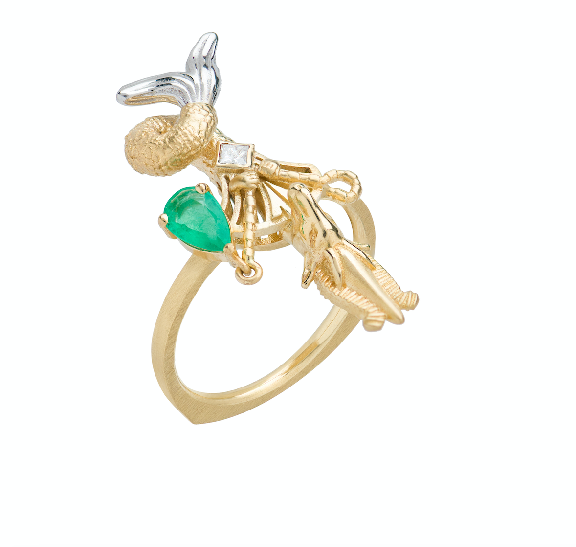 Emerald and Diamond Capricorn Ring