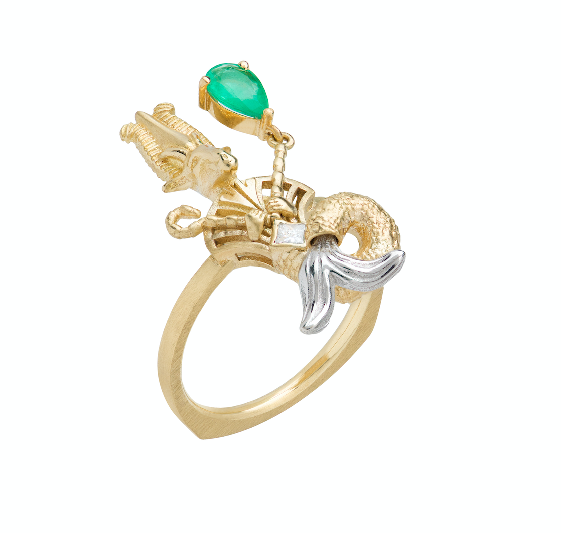 Emerald and Diamond Capricorn Ring