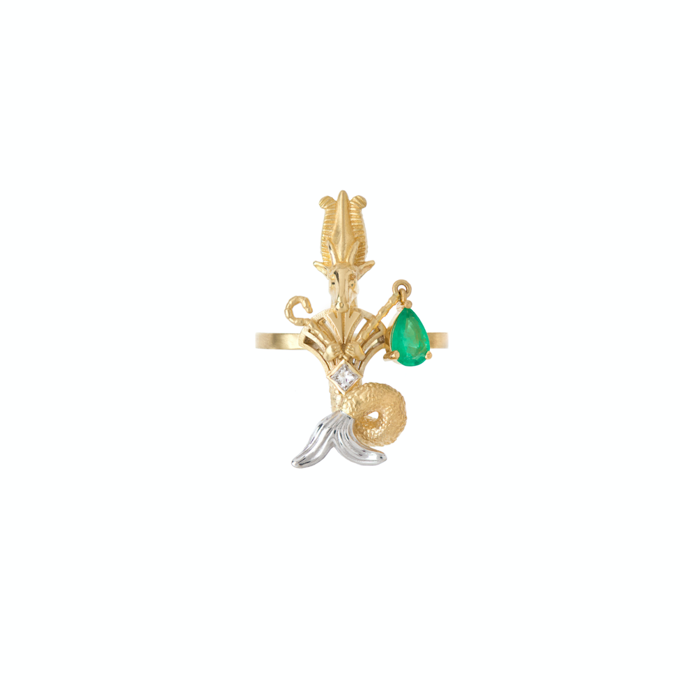 Emerald and Diamond Capricorn Ring