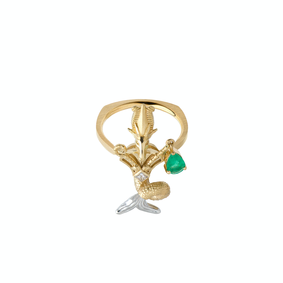 Emerald and Diamond Capricorn Ring