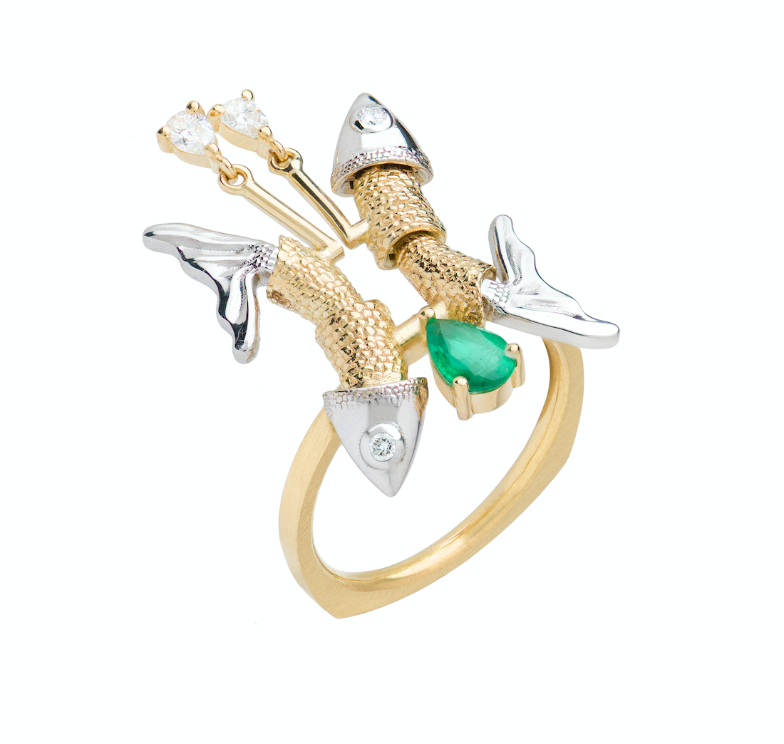Emerald and Diamond Pisces Ring