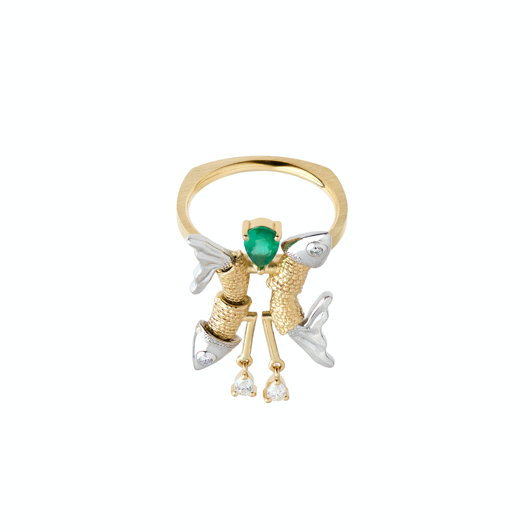Emerald and Diamond Pisces Ring
