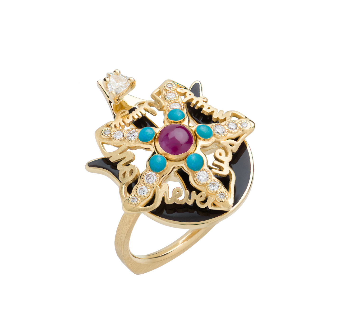 Spinning Diamond and Ruby Starfish Ring