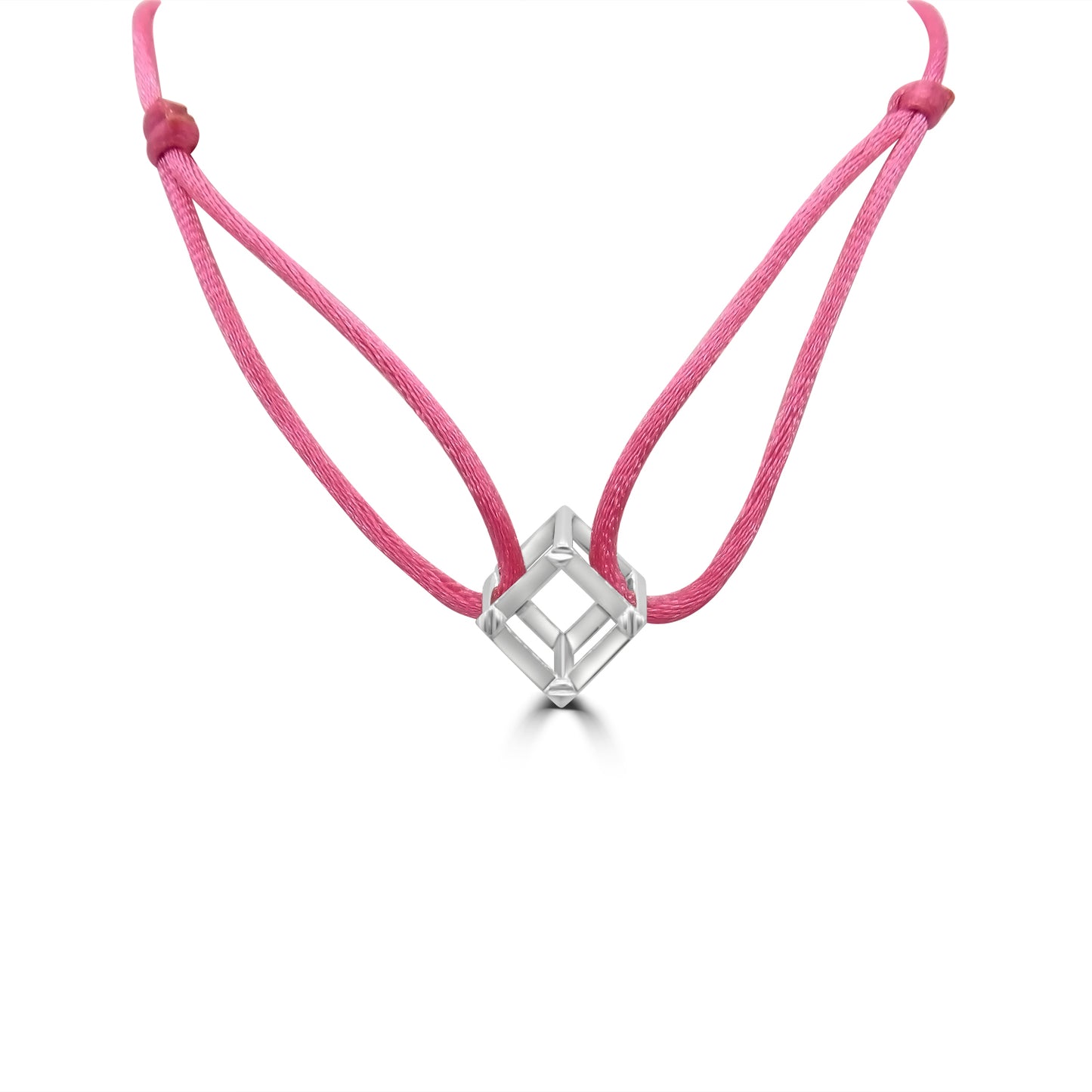 Gold cube mirage pendant with pink silk ribbon