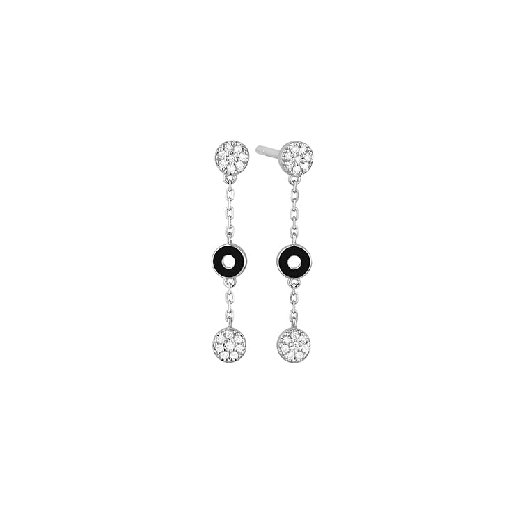 Diamond & Black Enamel Circle Drop Earrings