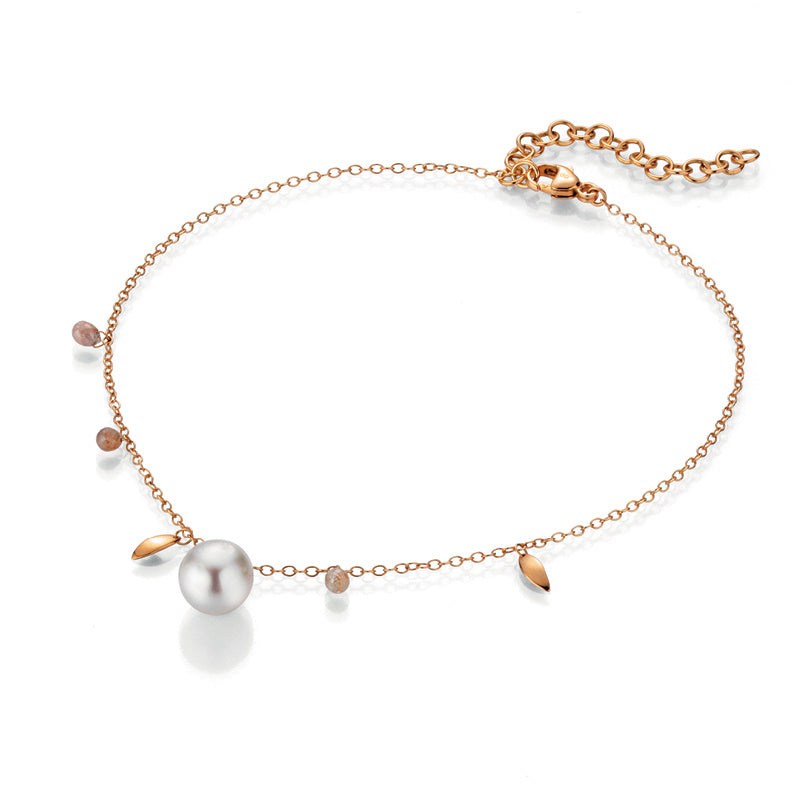 Gold Ankle Bracelet with Pearl and Diamond Briolettes