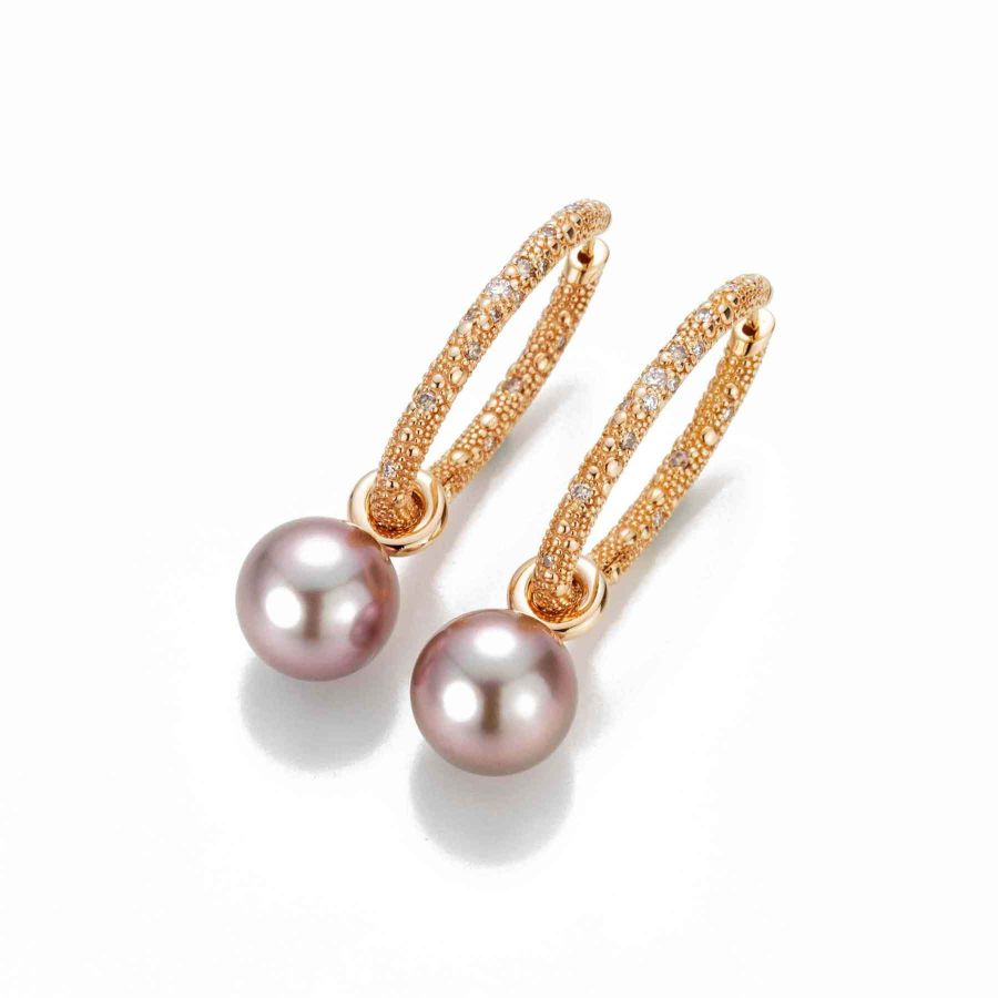 Rose Gold Diamond Hoop Earrings with Tahitian Pearls
