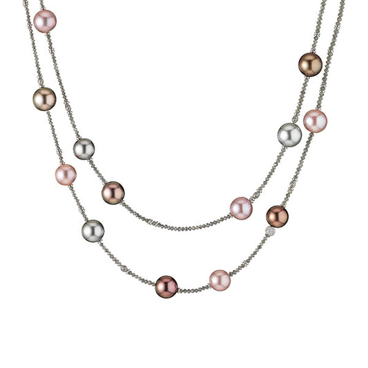 Long Pearl and Diamond bead Necklace