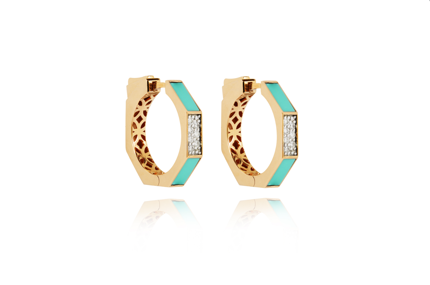 Diamond and turquoise hoop earrings