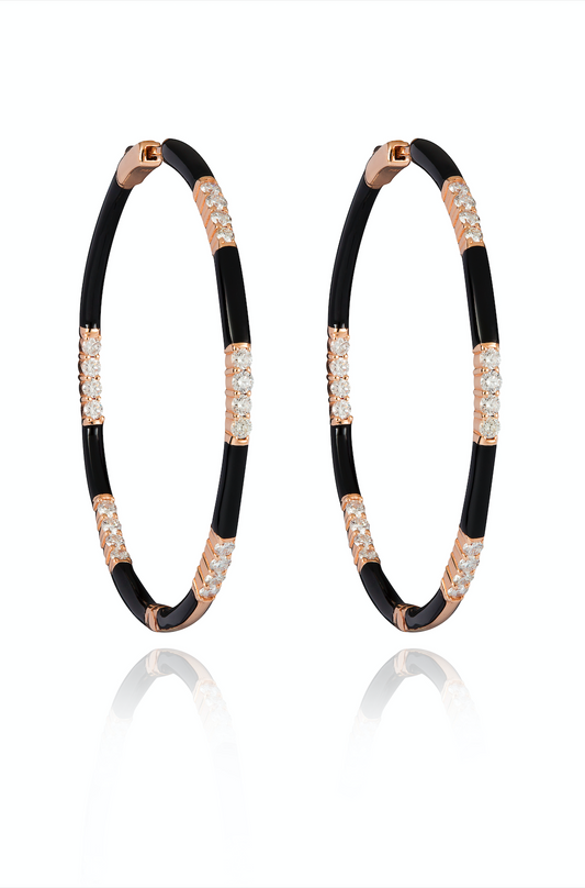 Diamond and Black Enamel Hoop Earrings