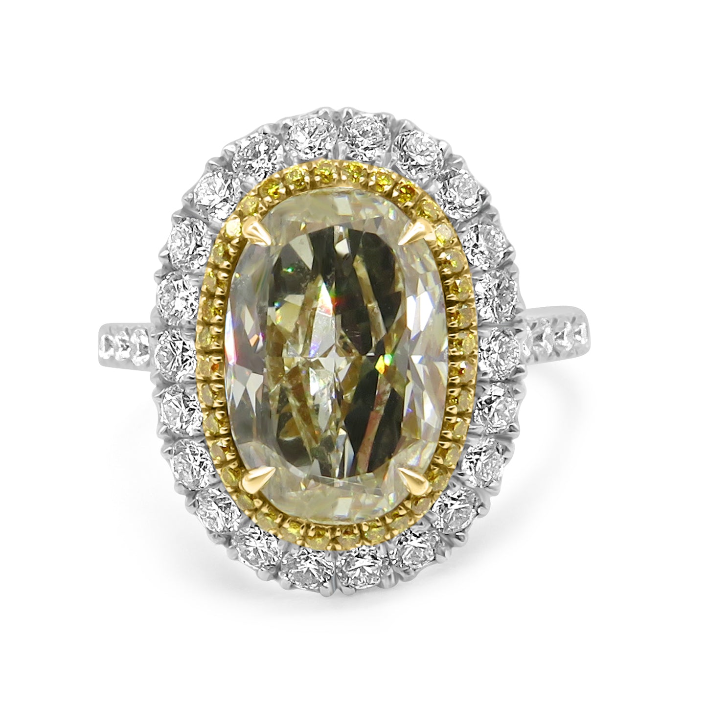 Yellow Oval Diamond with Double Halo Platinum Ring