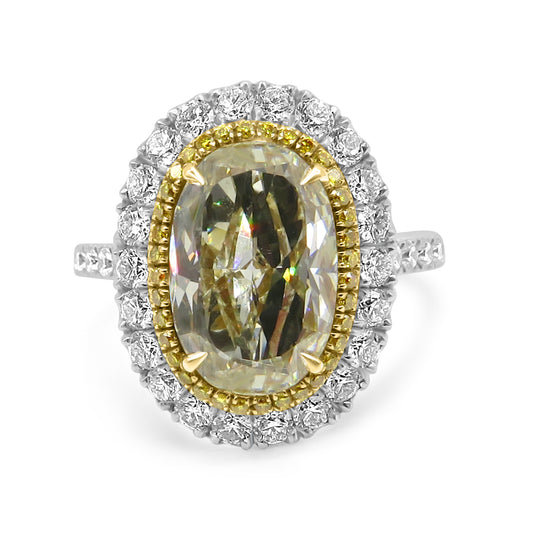 Yellow Oval Diamond with Double Halo Platinum Ring