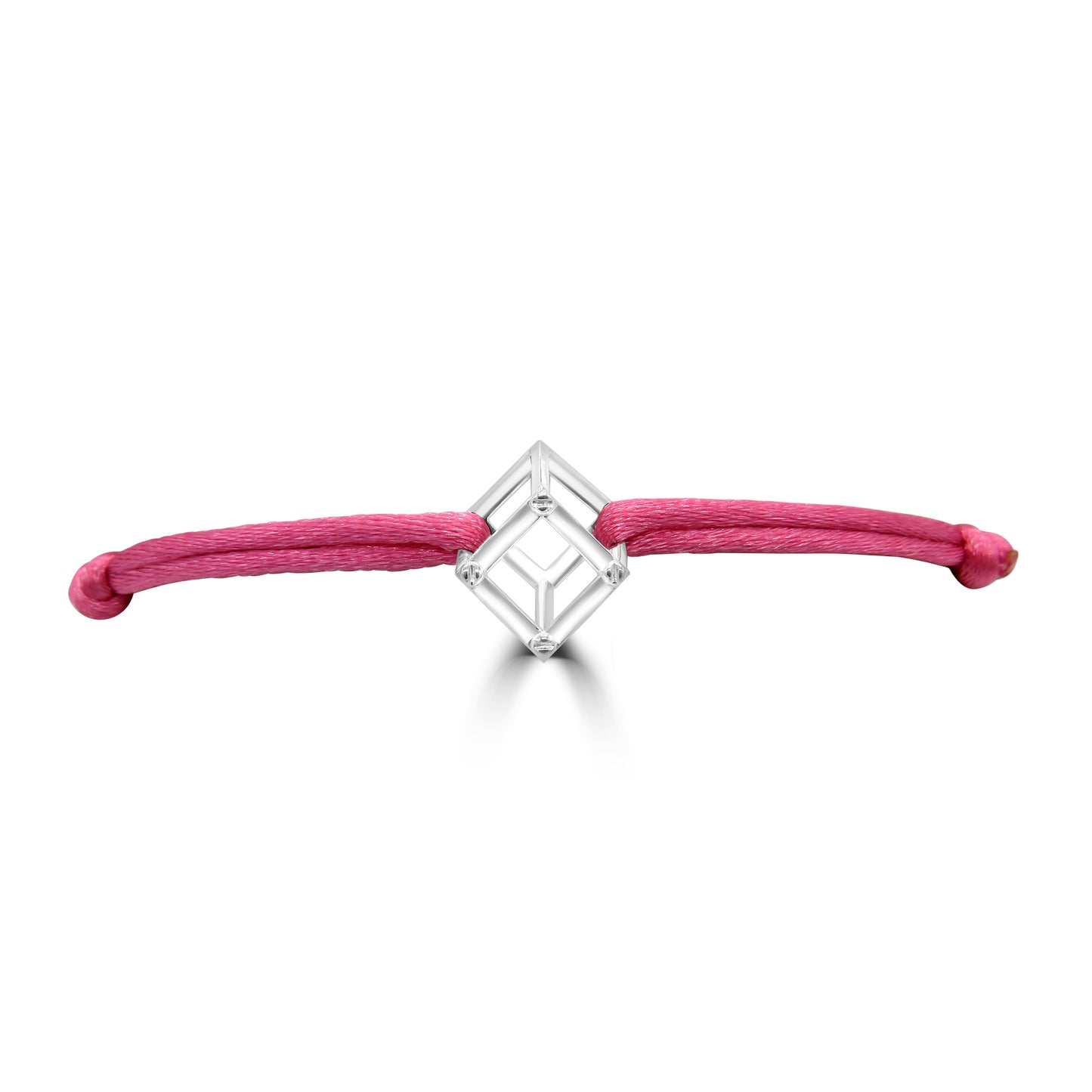 White gold cube mirage bracelet with pink silk ribbon