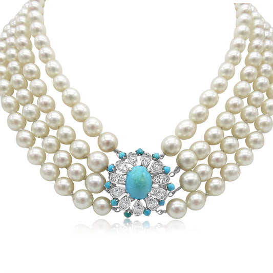 Pearl Necklace with Persian Turquoise and Diamonds